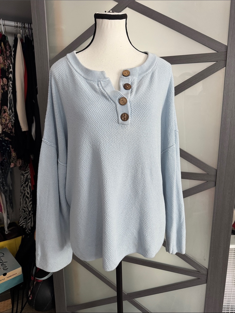 Light Blue Women’s Button Henley Top